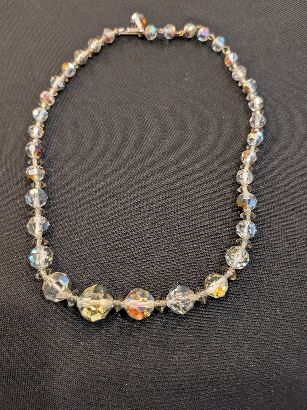 Vintage 1950s Crystal Aurora Borealis Faceted Bead Necklace 7"- Clear/Iridescent